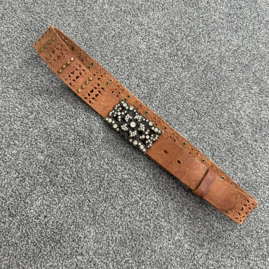 Y2K vintage genuine leather rhinestone flower studded rectangle belt studded