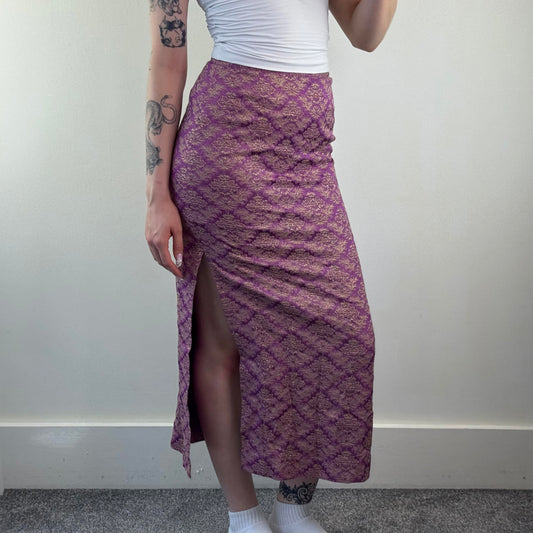 Y2K vintage Karen Millen maxi skirt brocade pattern floral gold purple