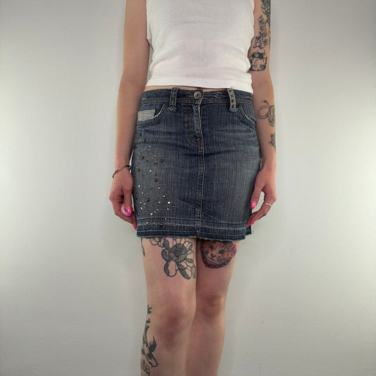 Y2K studded faded denim mini skirt