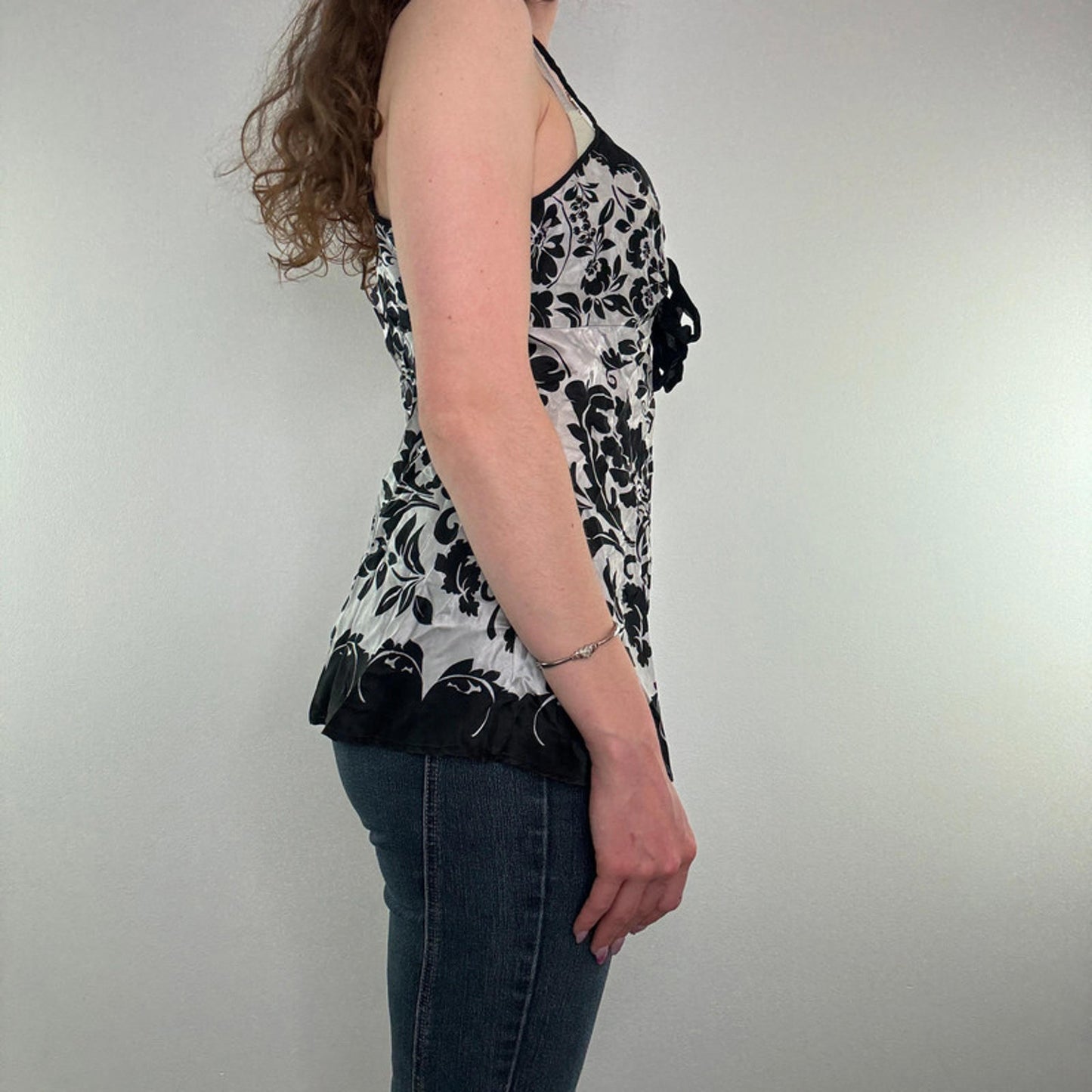 Y2K vintage 100% silk floral cami top filigree bow bust black silver flowy