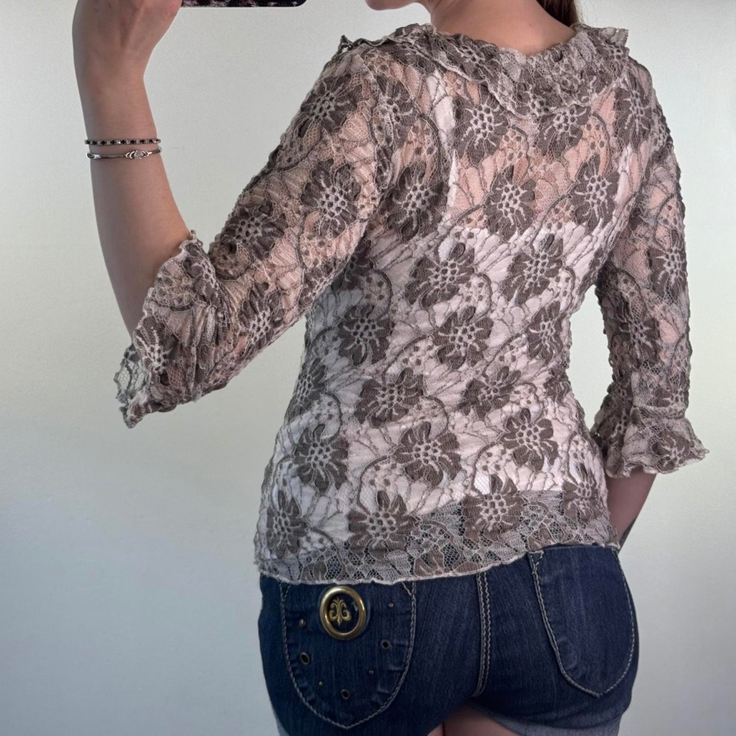 Y2K vintage lace frilly 3/4 sleeve top v open neck floral flower ruffle sheer