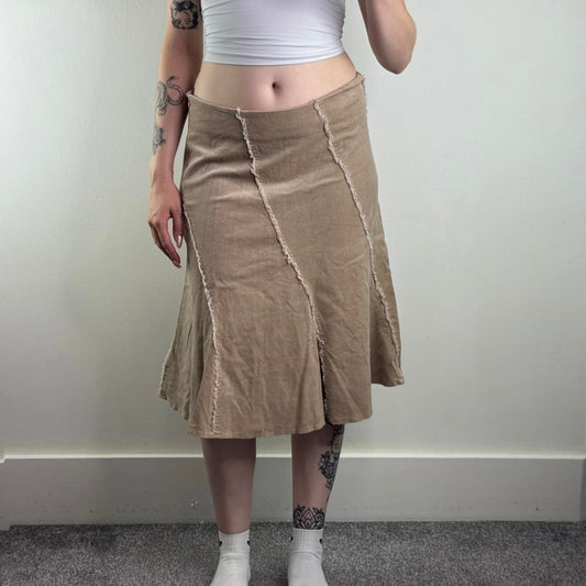Y2K vintage mid rise corduroy midi skirt knee length stretchy beige fraying