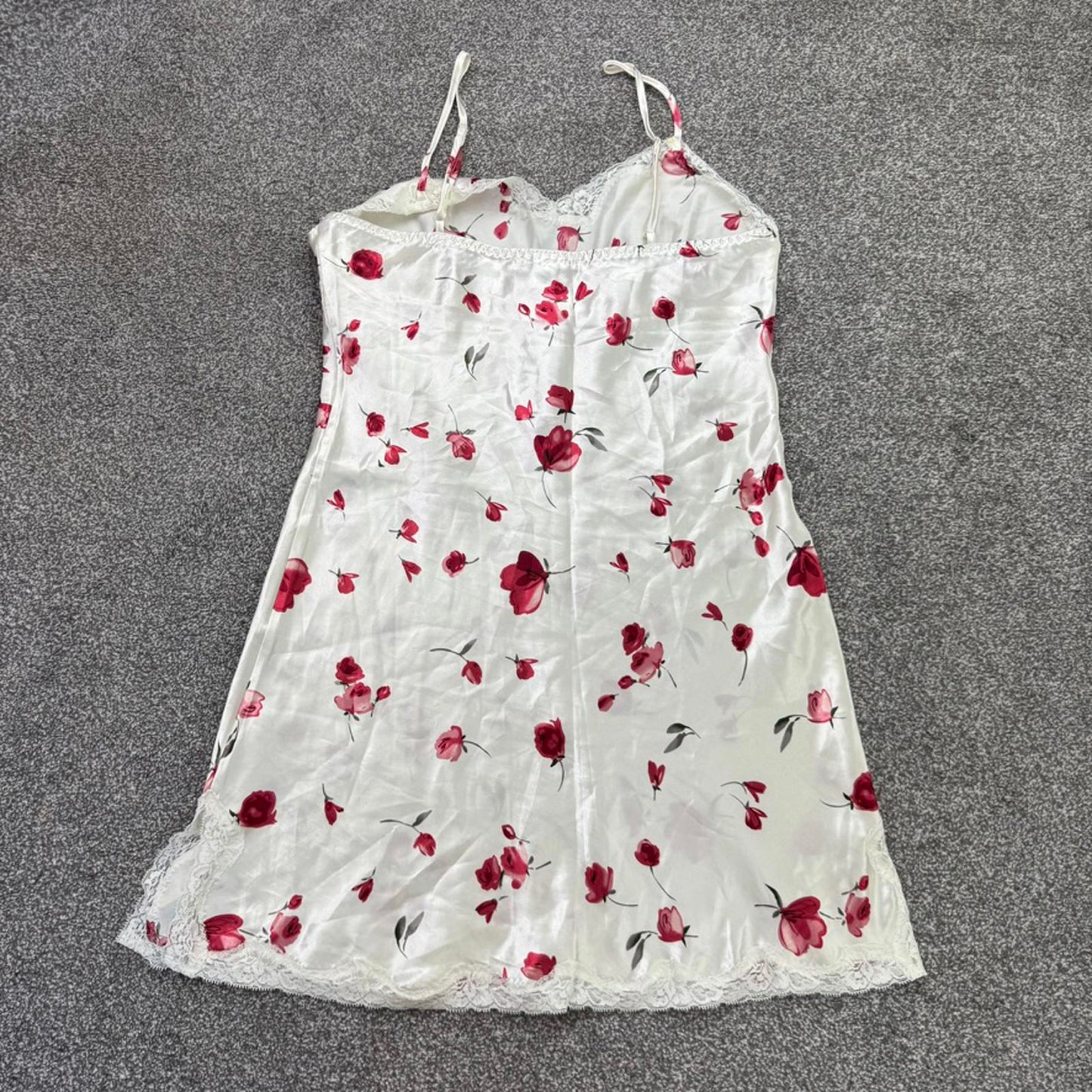 Y2K vintage satin floral rose nightie nightdress mini v neck lace trim chemise