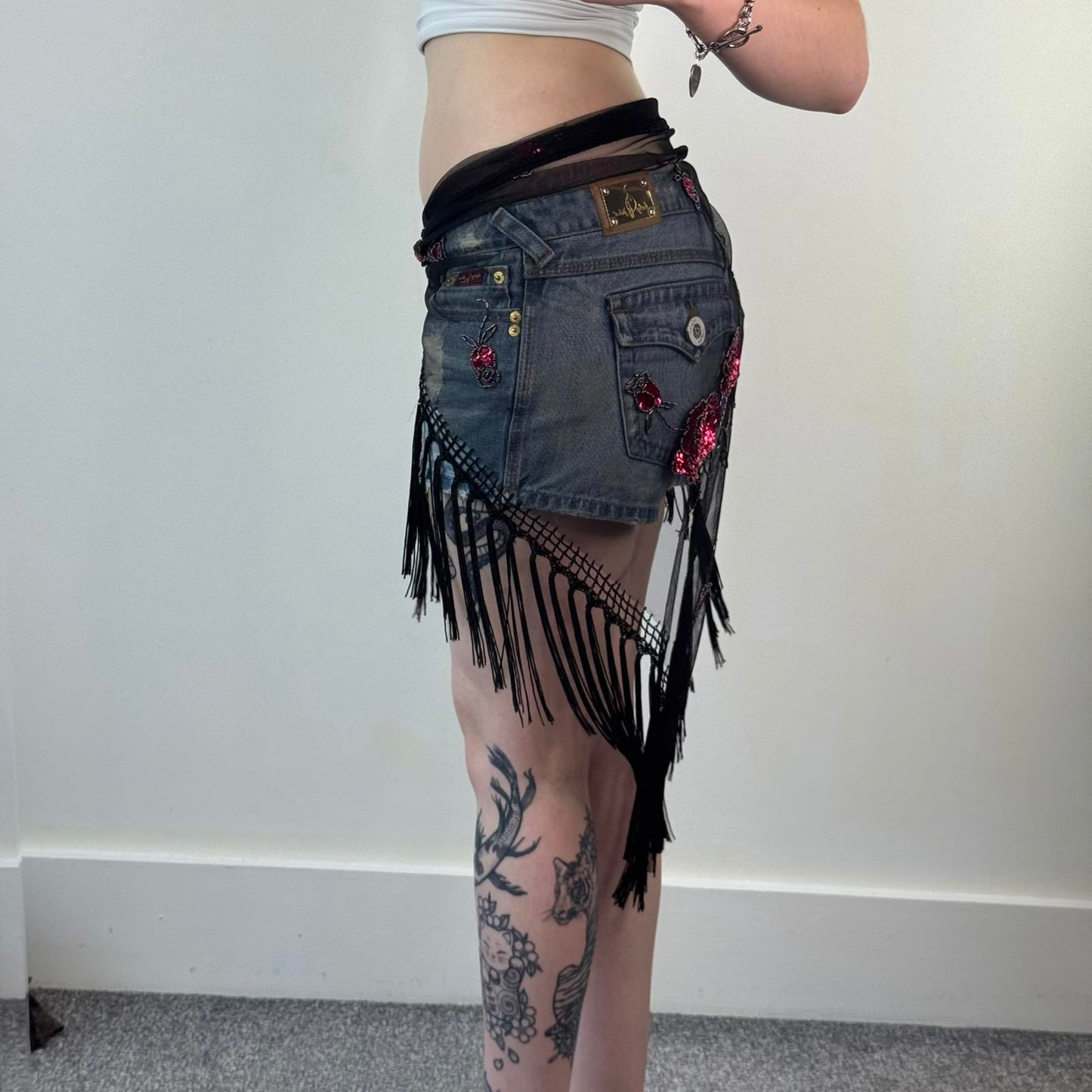 Y2K vintage mesh floral sheer sequin tassel sarong cover up shawl embellished