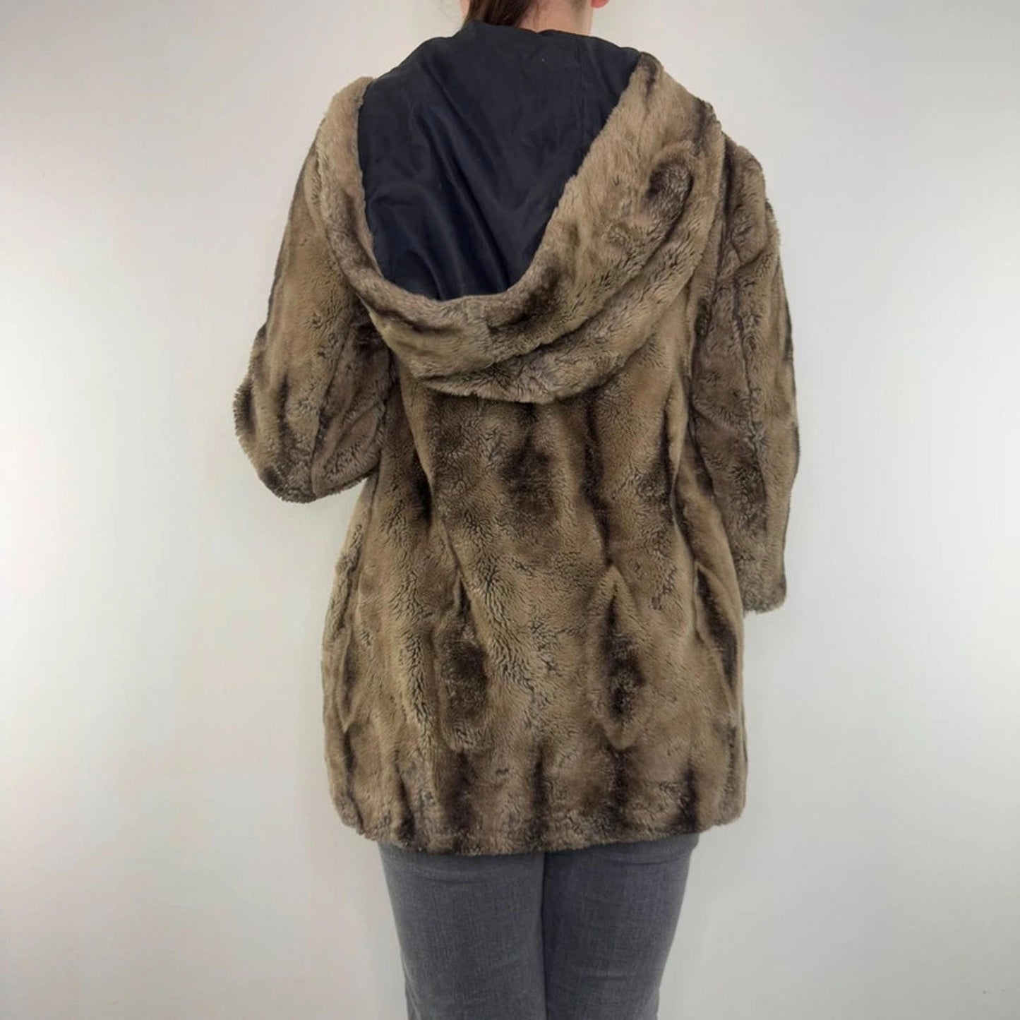 Y2K vintage faux fur coat stripe oversized hood archive two tone brown bubble