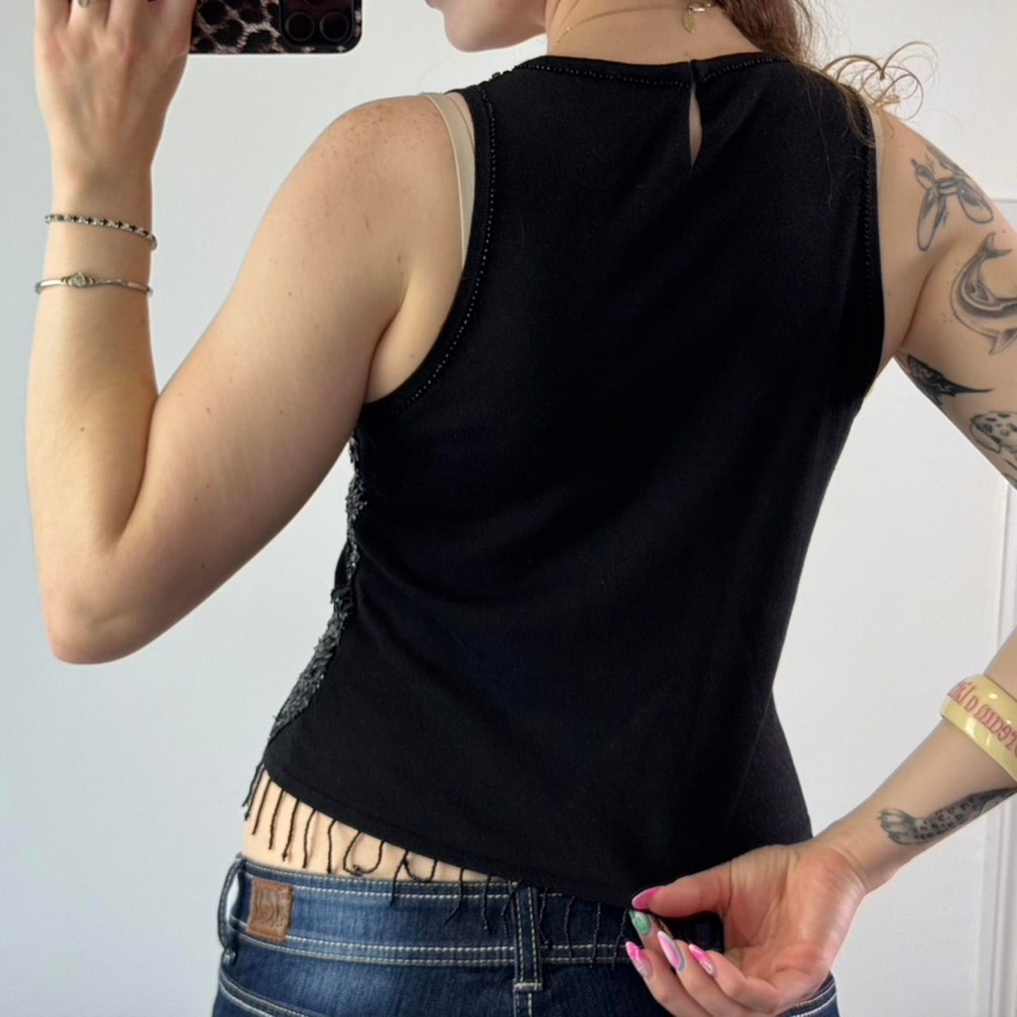 Y2K vintage fine knit sequin diamond tank top beaded tassel fringe high neck