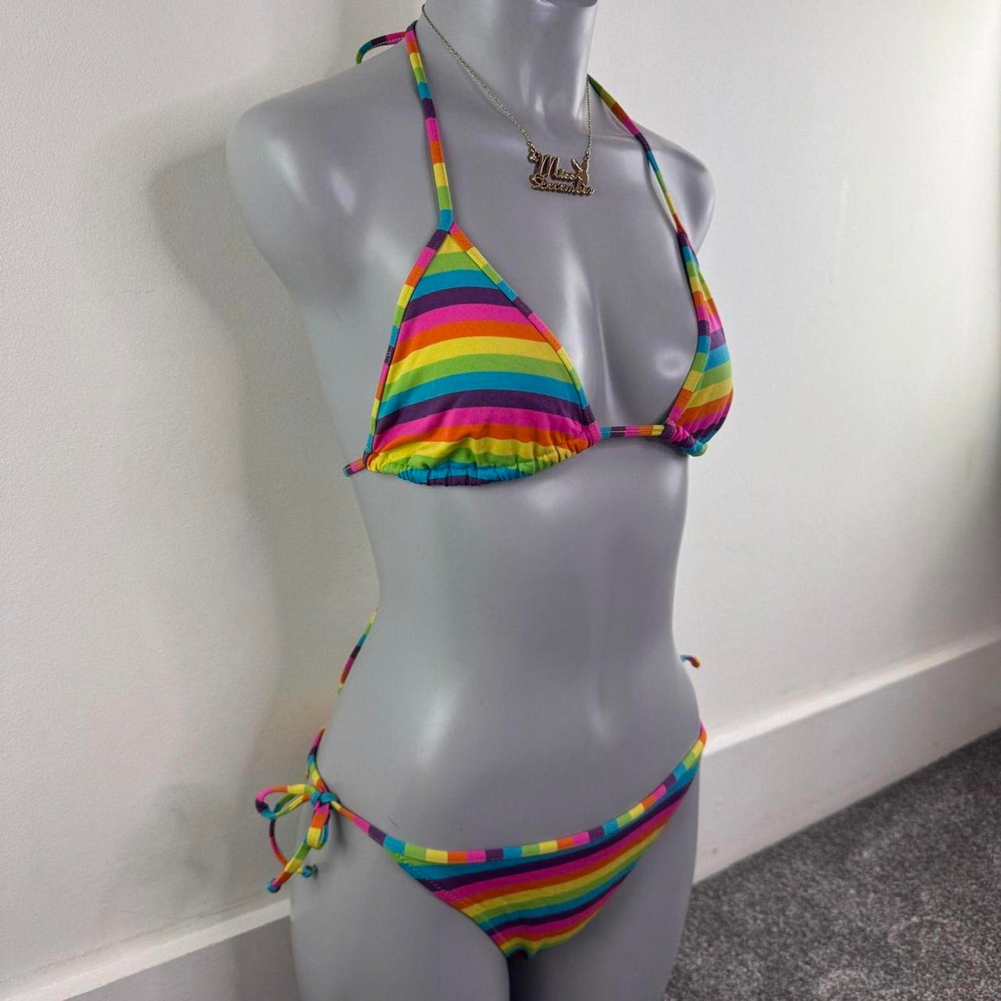 Rainbow stripe halter neck matching bikini set rainbow multi tie bow
