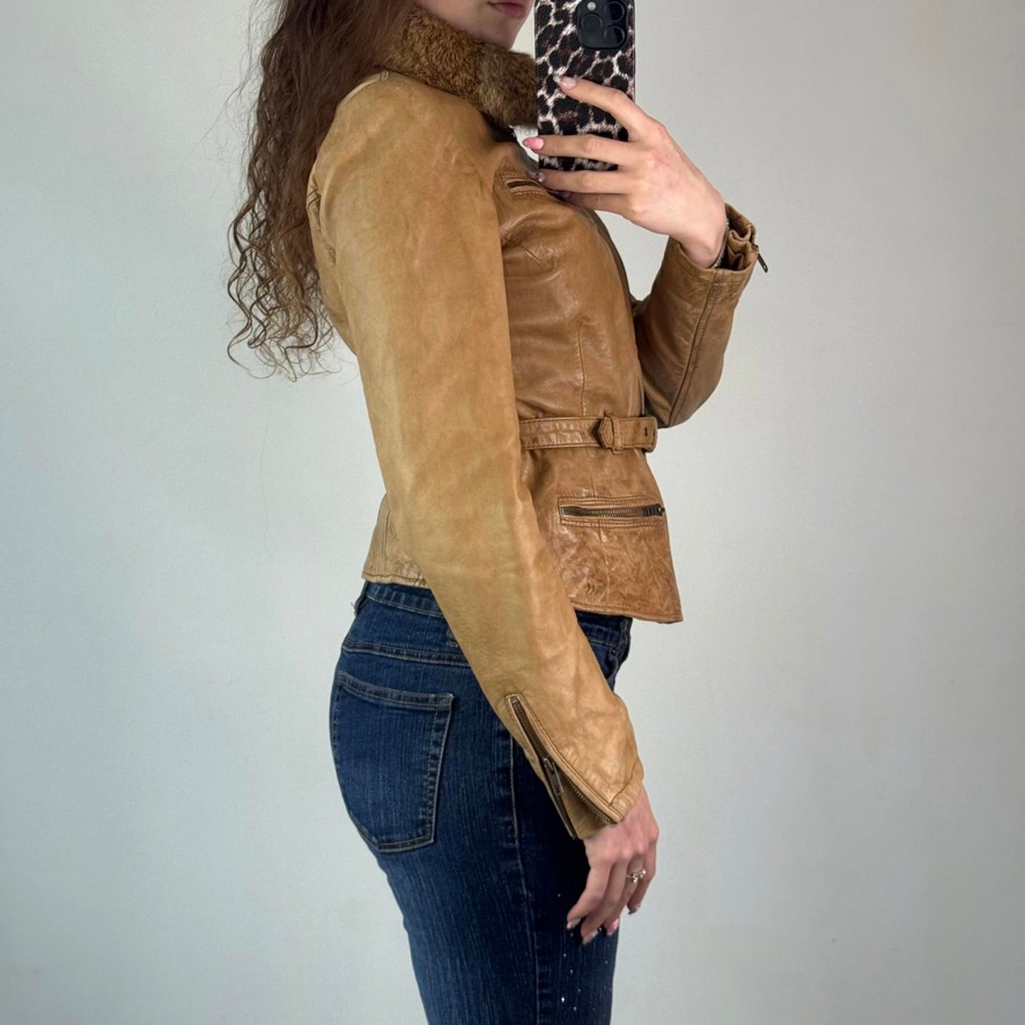 Y2K vintage genuine leather real fur trim collar zip up fitted jacket