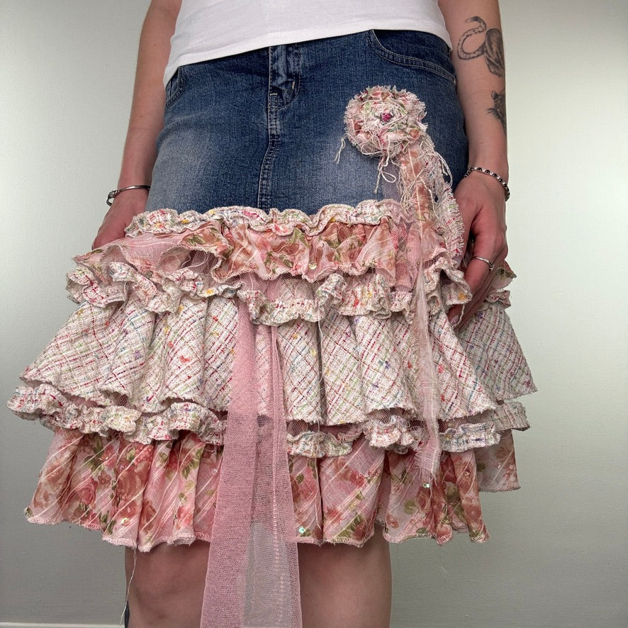 Y2K denim rara frilly rosette rose tutu midi skirt