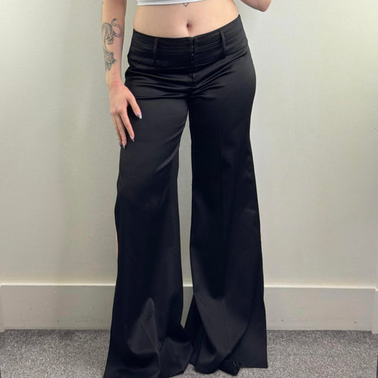Y2K vintage satin flare wide leg trousers hook and eye mid rise high thigh slit