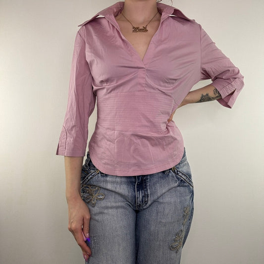 Y2K vintage fitted blouse shirt stretchy collared office v neck work 3/4 sleeve