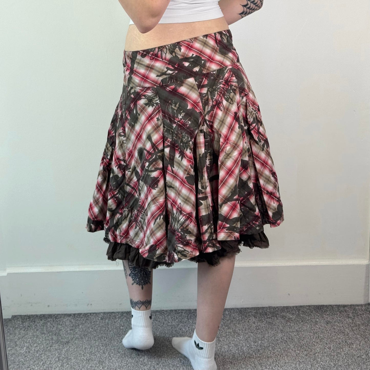Y2K vintage O'Neill tartan floral midi skirt sequin brown red white a line XL