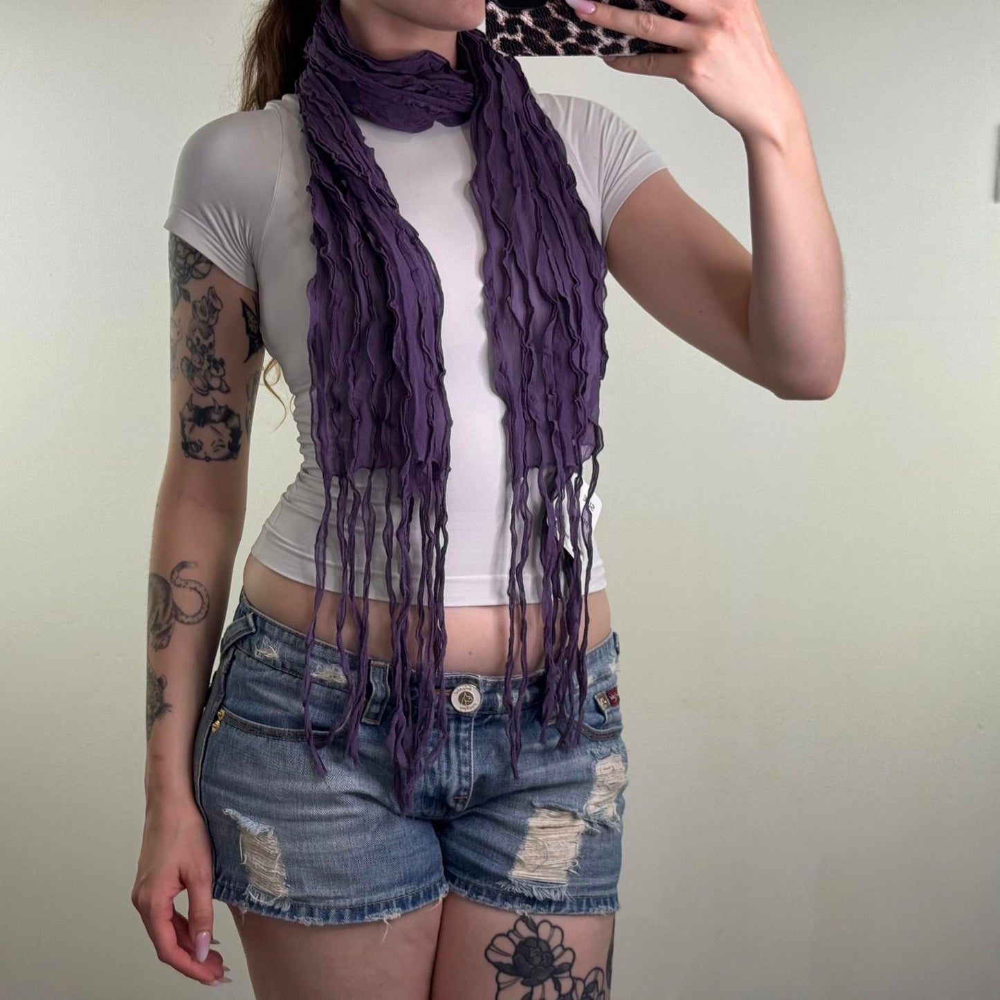 Y2K vintage sheer purple scarf tassel fringe