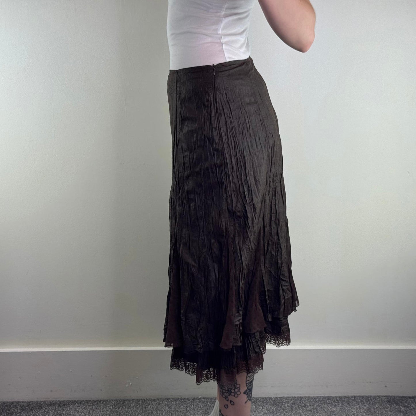 Y2K vintage crinkle lace trim maxi skirt a line brown