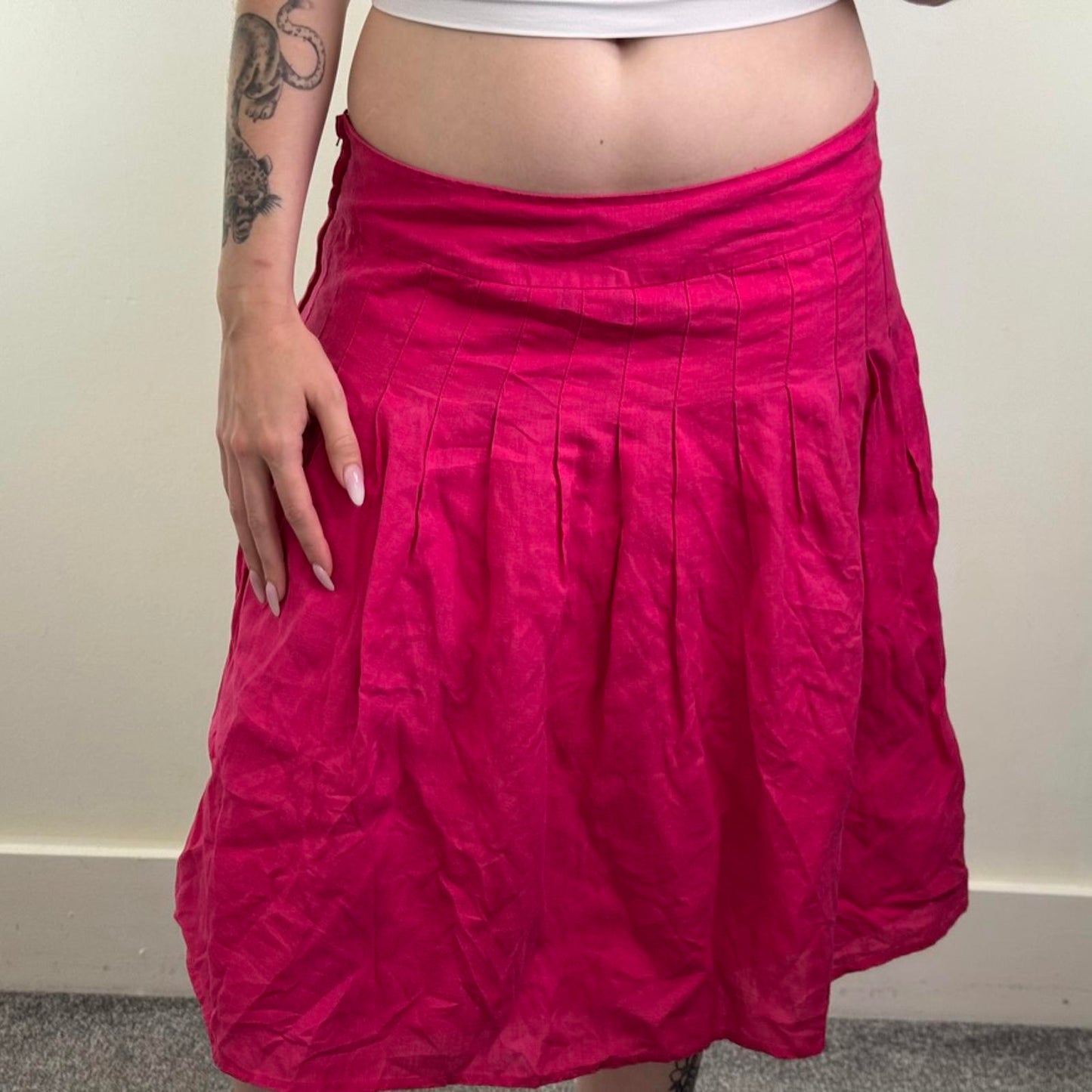 Y2K vintage 100% pure linen pleated midi skirt a line knee length hot pink