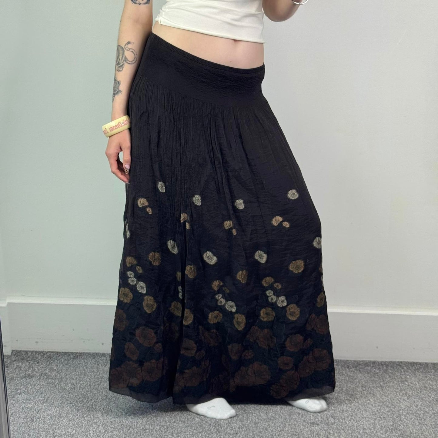 Y2K vintage stretchy maxi skirt floral sheer double overlay brown a line