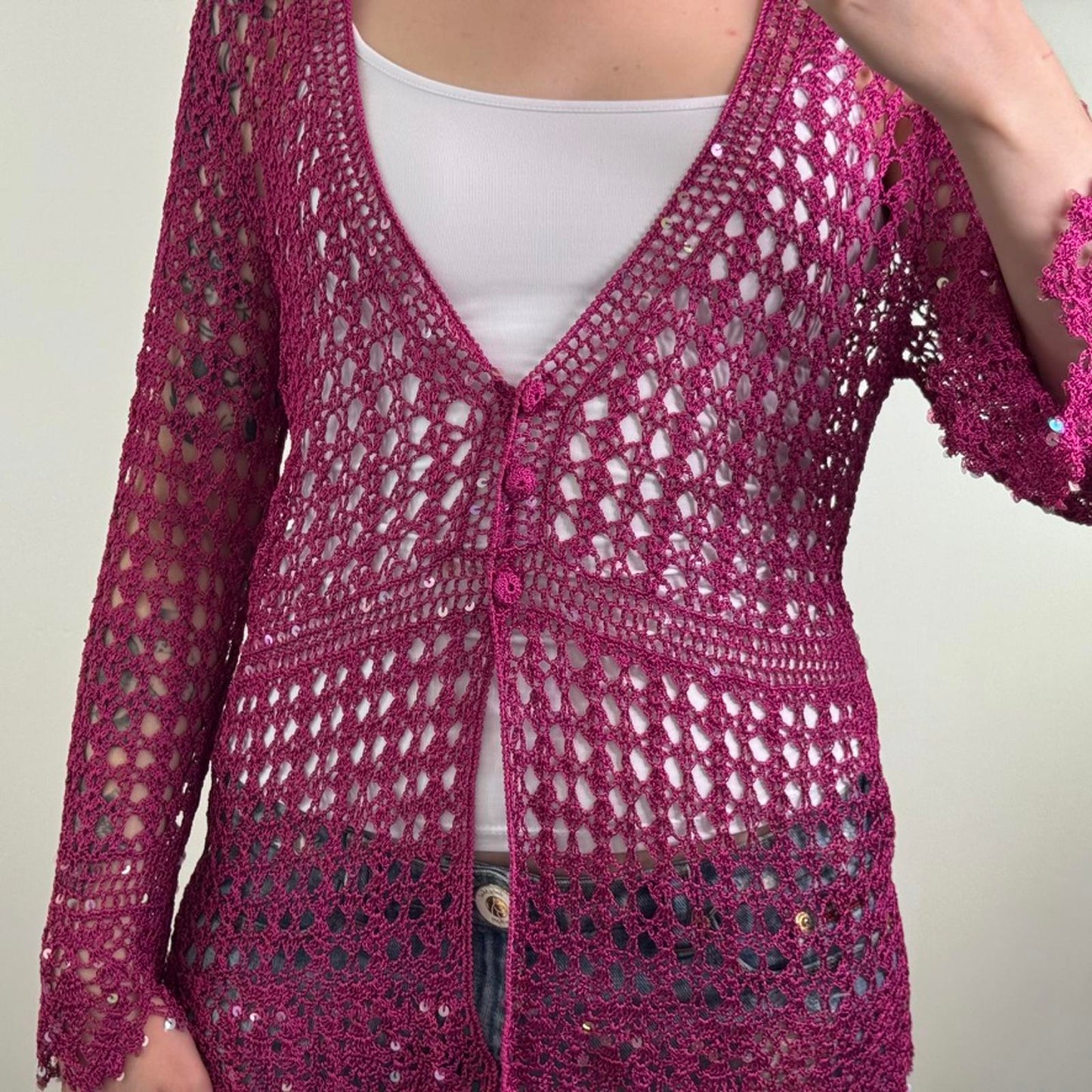 Y2K vintage crochet cardigan sequin button up scallop hem pink v neck knit sheer