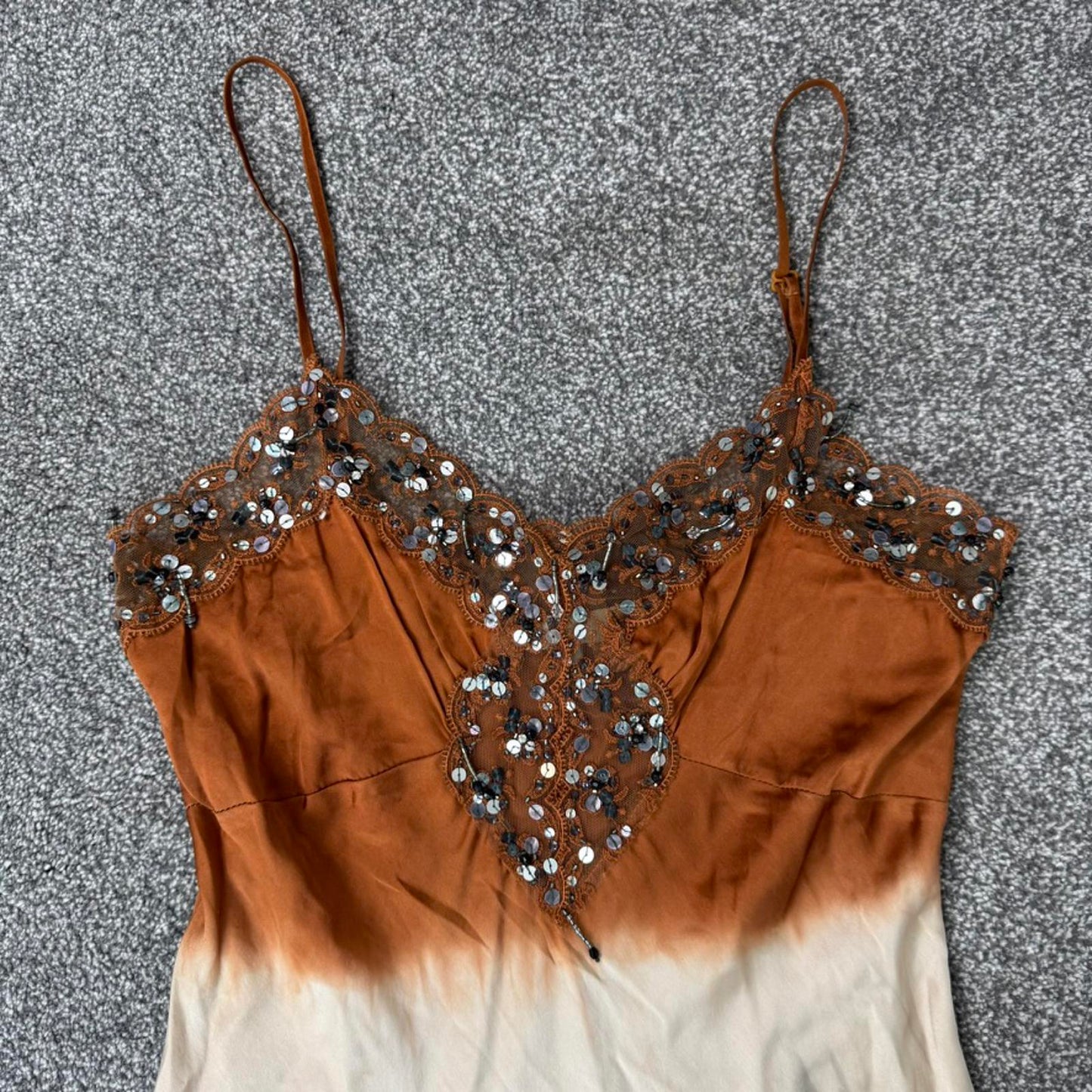 Y2K vintage Pinko 100% silk ombre sequin beaded embellished mini dress lace trim