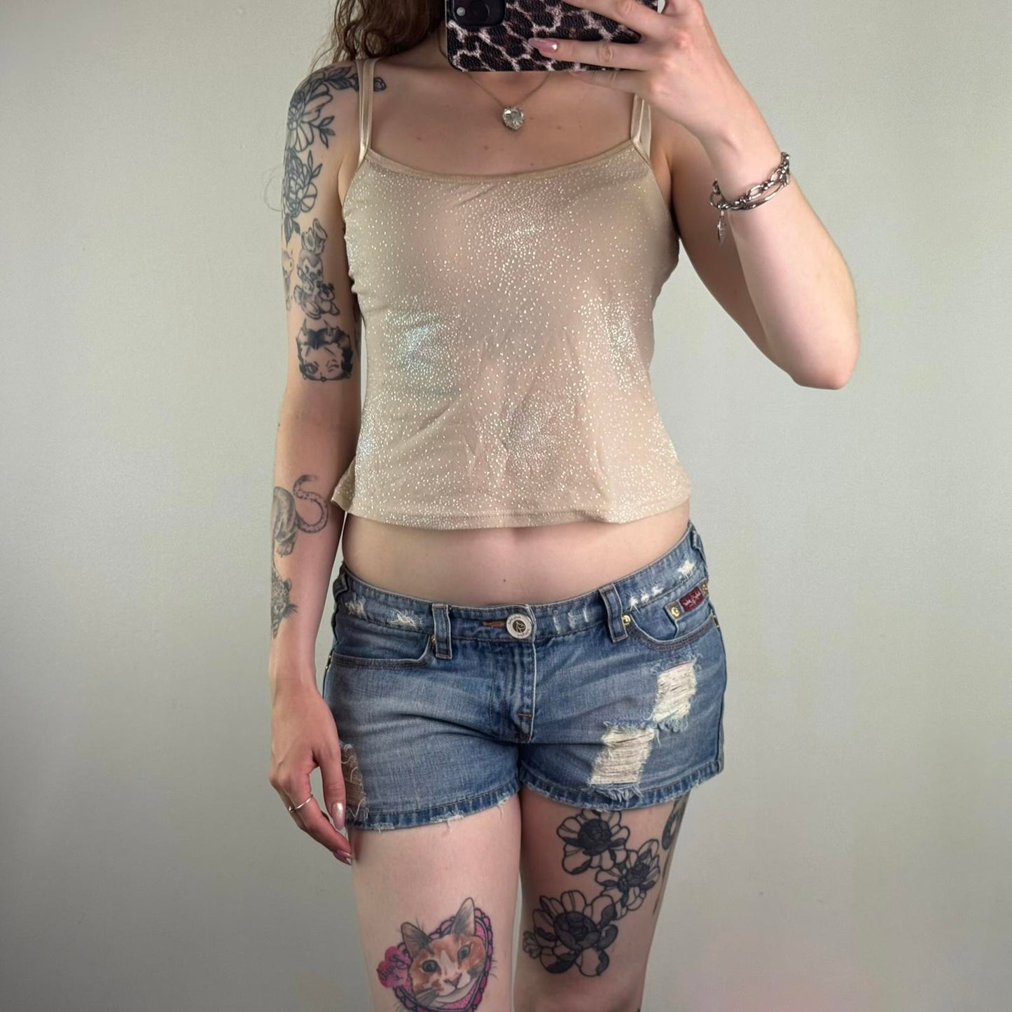 Y2K vintage mesh sparkly glitter cami top slight crop short length beige