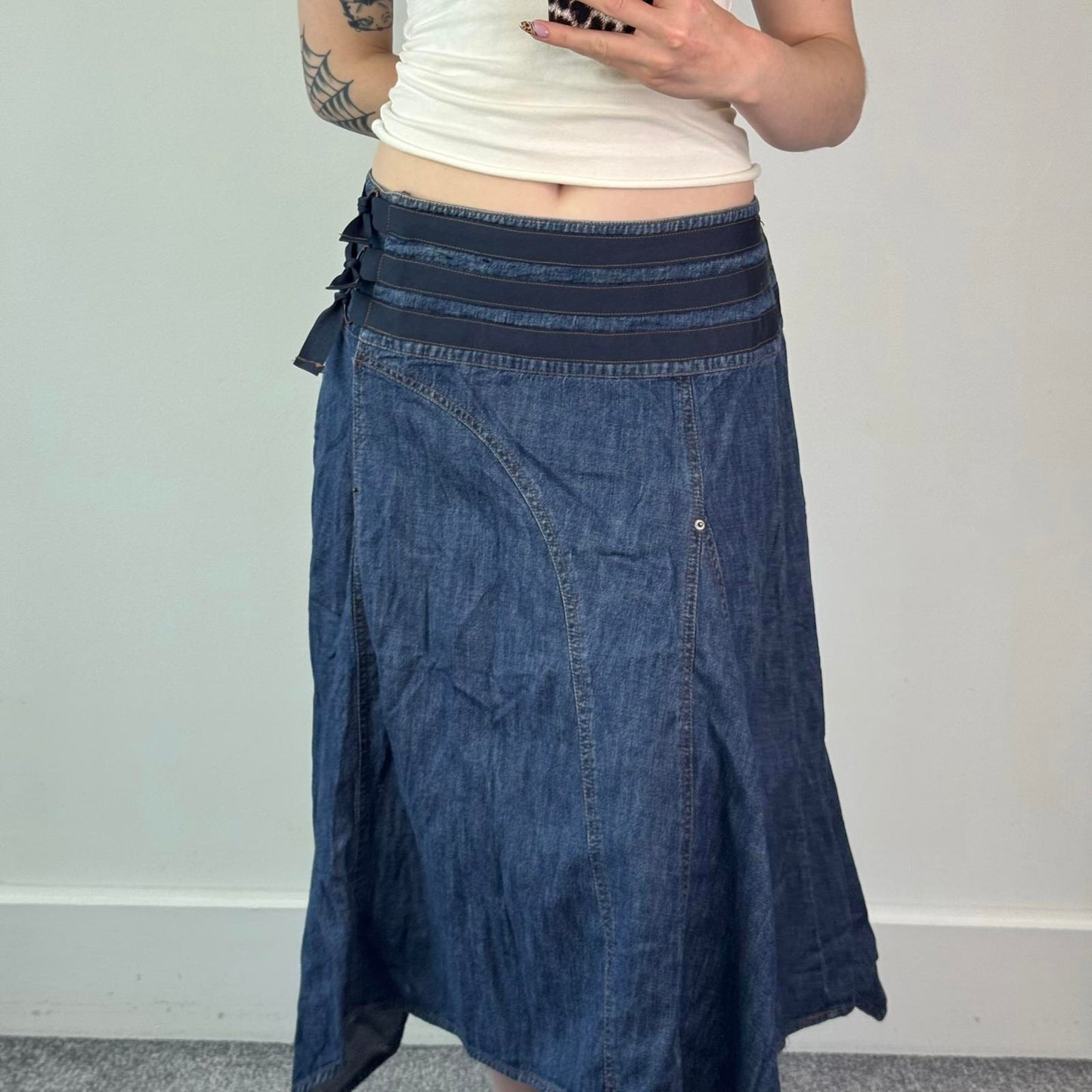 Y2K vintage denim asymmetrical maxi skirt a line floaty contrast stitching