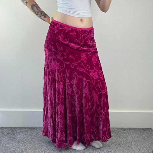 Y2K vintage part silk velour maxi skirt floral a line hot pink stretchy lined