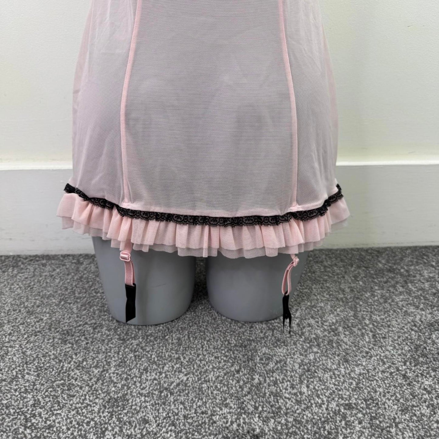 Y2K vintage Ann Summers mesh babydoll filigree baby pink black with suspenders