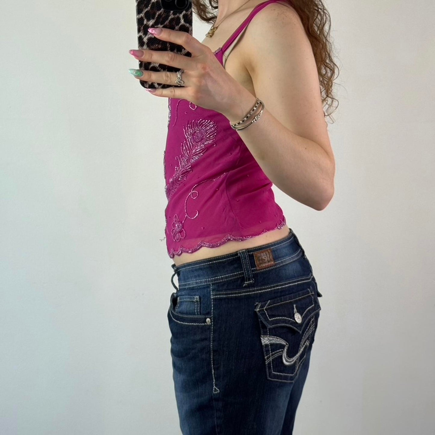 Y2K vintage Bay embellished strappy top floral feather racerback beaded pink