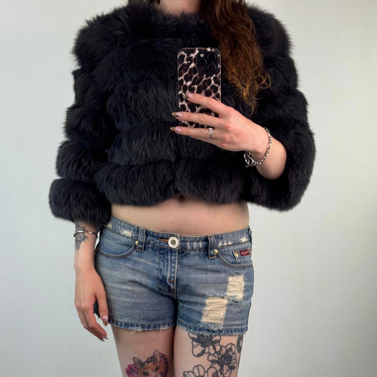 Genuine fur cropped 3/4 sleeve jacket coat  5 panel grey silk polyester lined