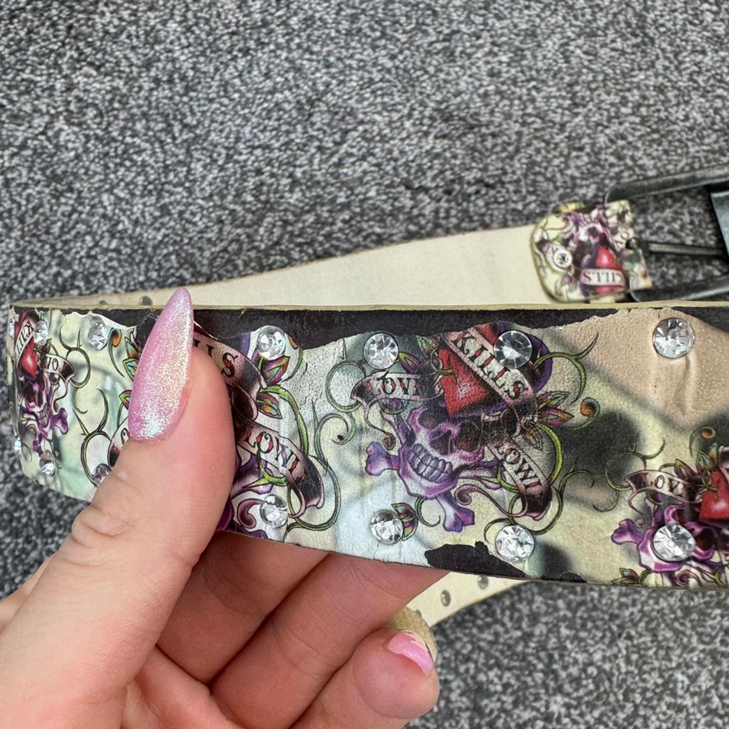 Y2K vintage Ed Hardy faux leather rhinestone belt silver buckle skull heart