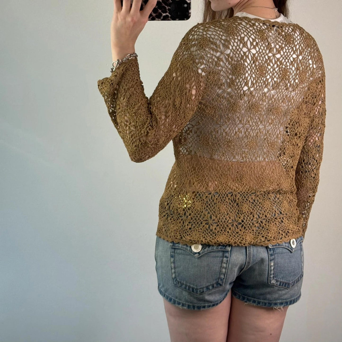 Y2K vintage crochet floral long sleeve cardigan boho tie bow front sheer summer