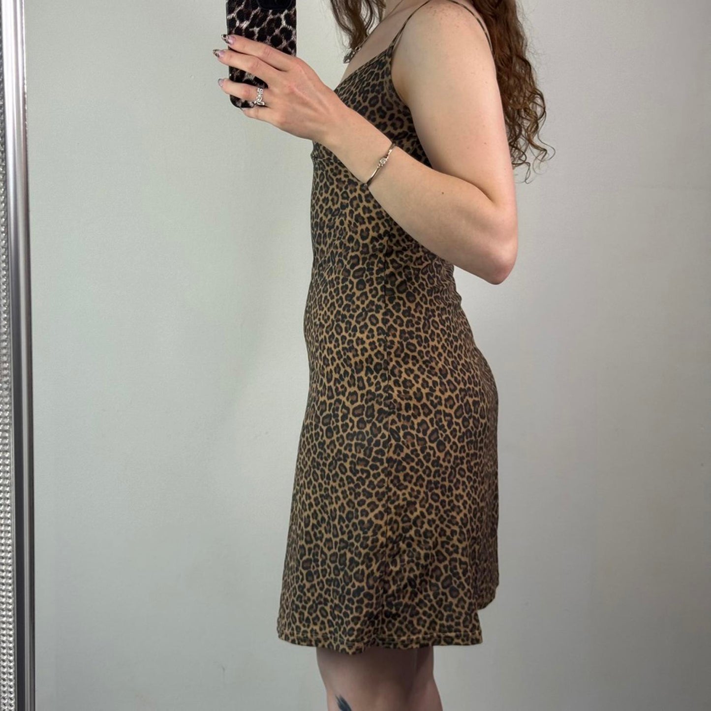 Y2K vintage thick mesh leopard print midi dress strappy v neck bust lightweight