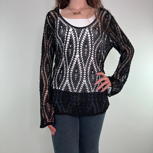 Y2K vintage crochet flared long sleeve top round neck sheer beaded black