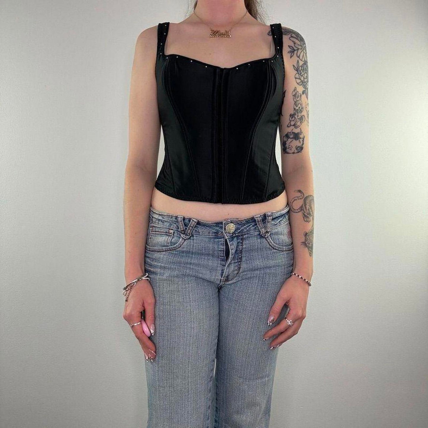 Y2K vintage satin rhinestone boned bustier hook and eye top lace up