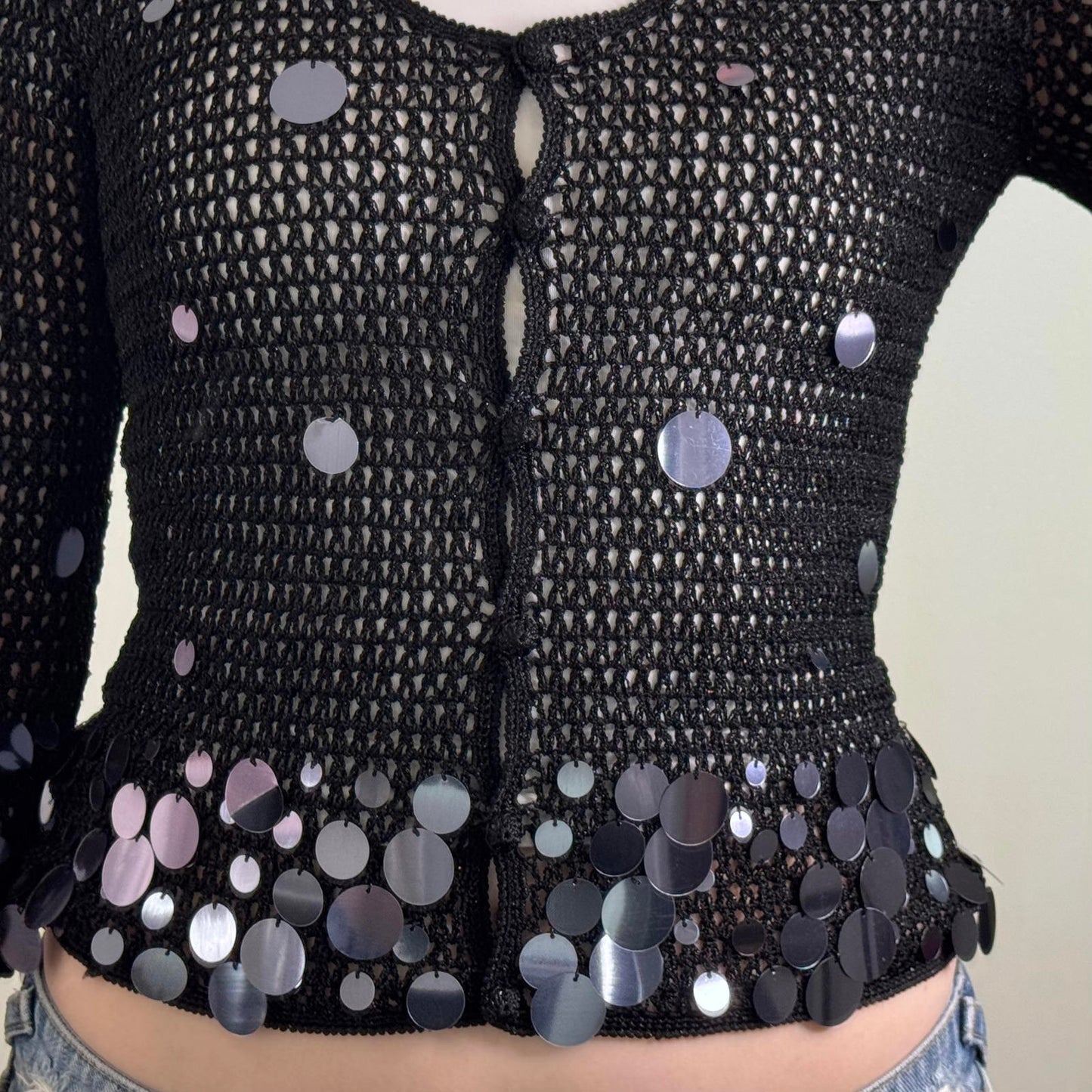 Y2K vintage crochet sequin embellished cardigan knit 3/4 sleeve scoop neck