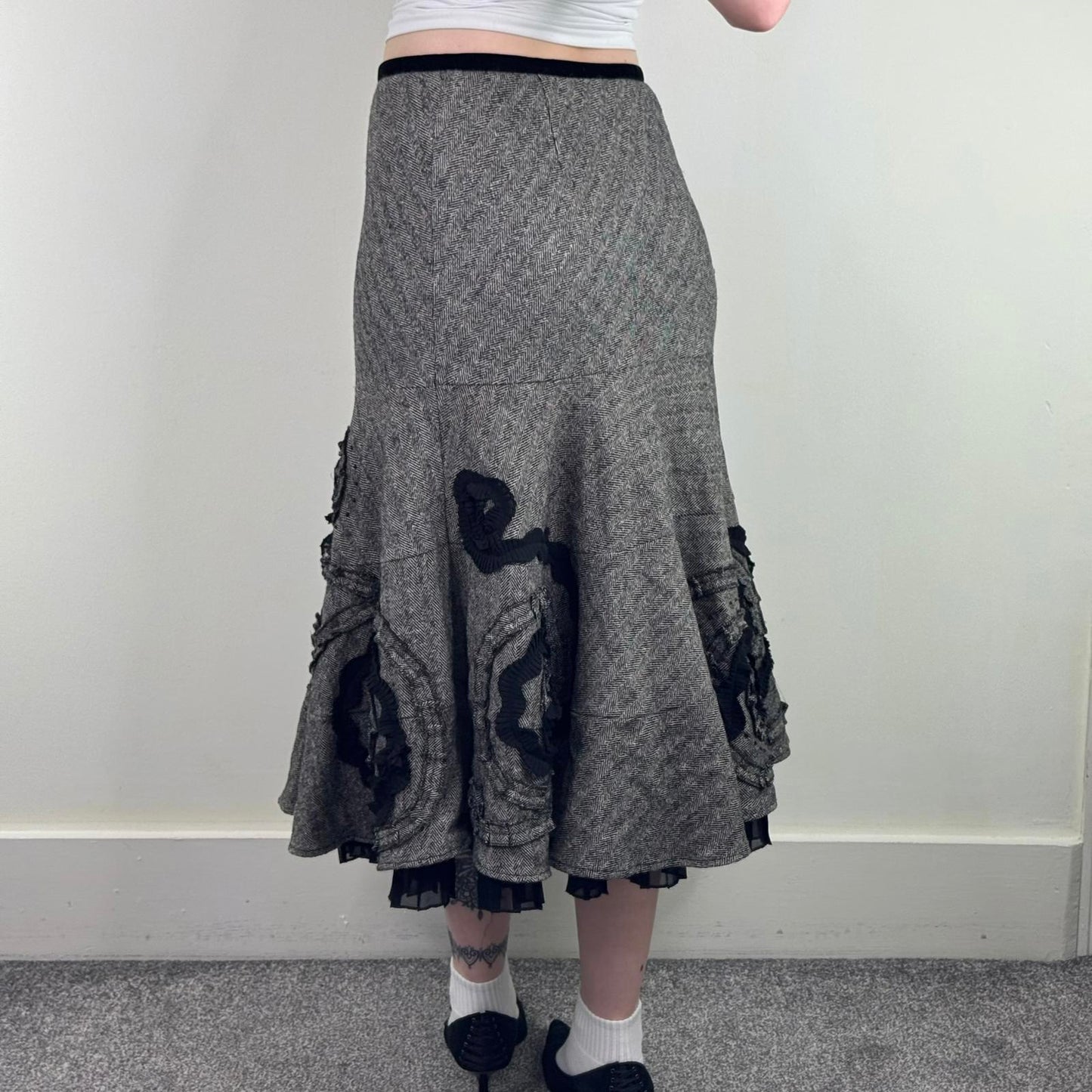 Y2K vintage Per Una wool blend maxi skirt a line frill hem pleated herringbone