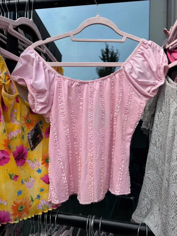 Y2K vinatge pink frill cap sleeve milkmaid top