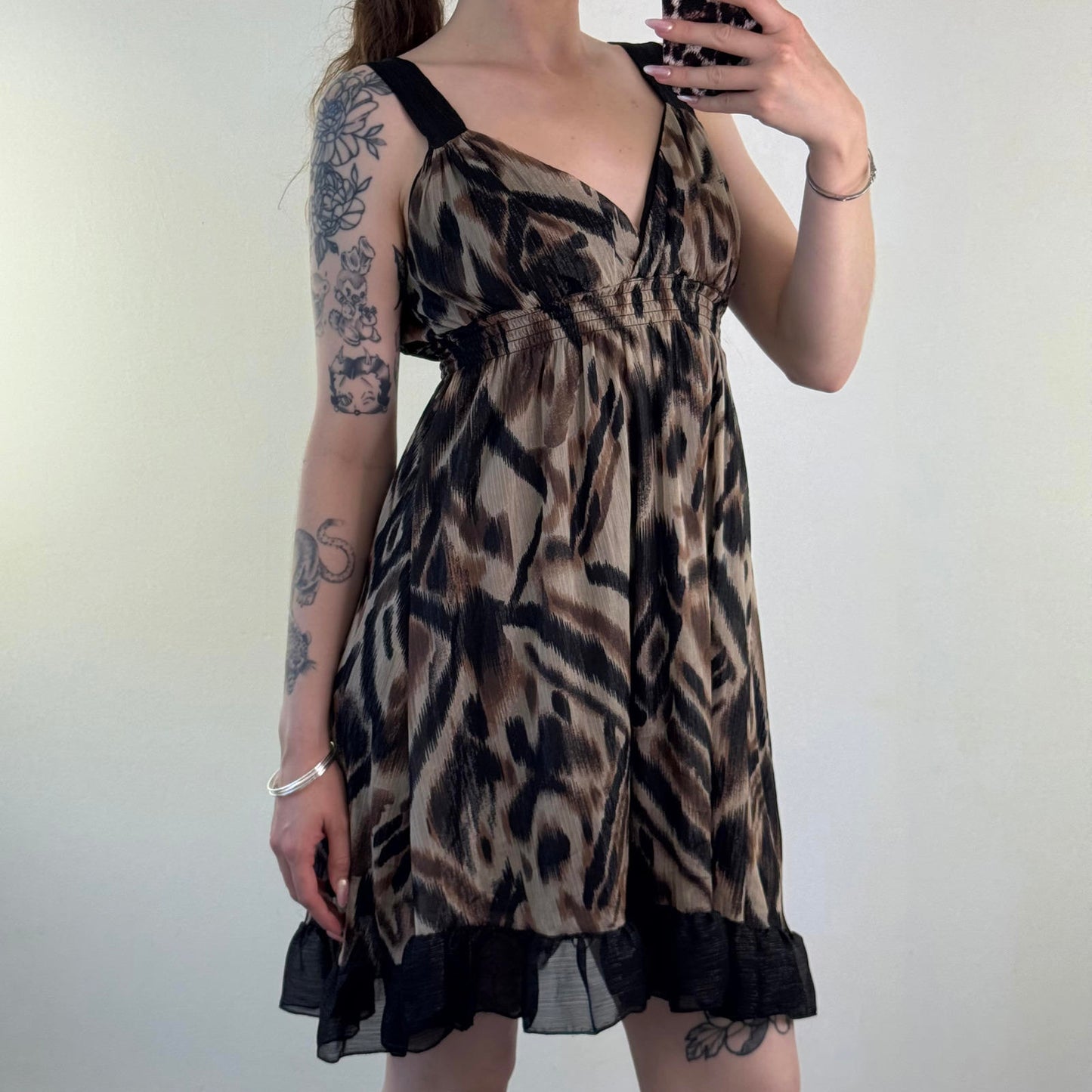 Y2K vintage sparkly midi dress abstract print glitter v neck frill hem a line