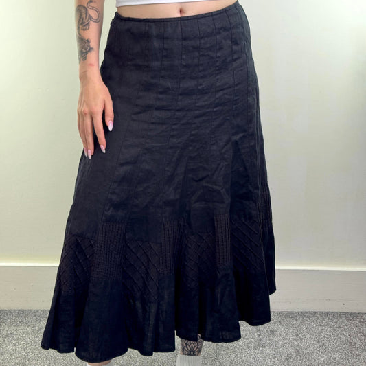 Y2K vintage 100% pure linen maxi skirt pattern hem trim stripe check black