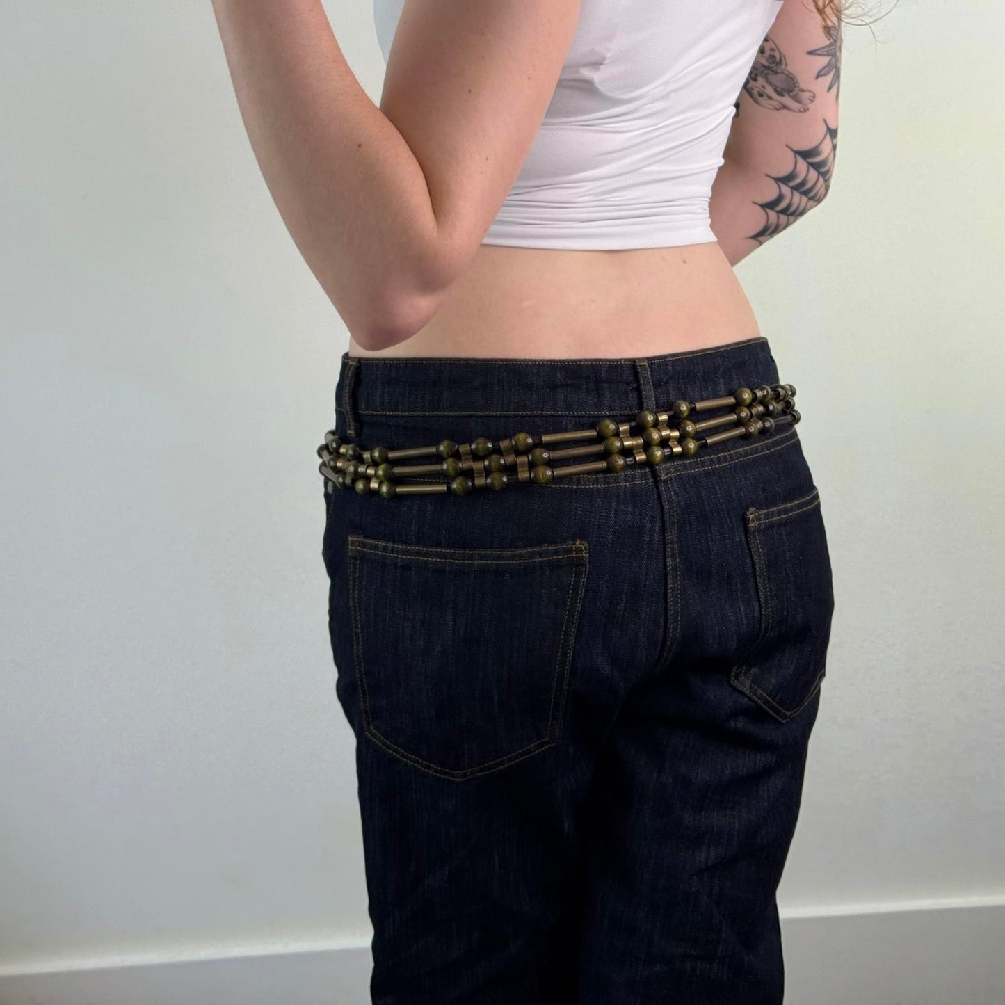 Y2K vintage beaded metal chain belt green gold adjustable