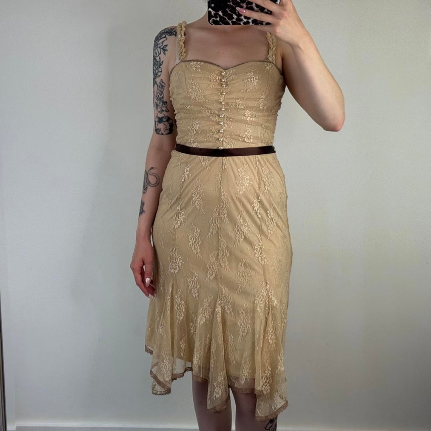 Y2K vintage coquette lace ruched midi dress adjustable bow ruffle asymmetrical