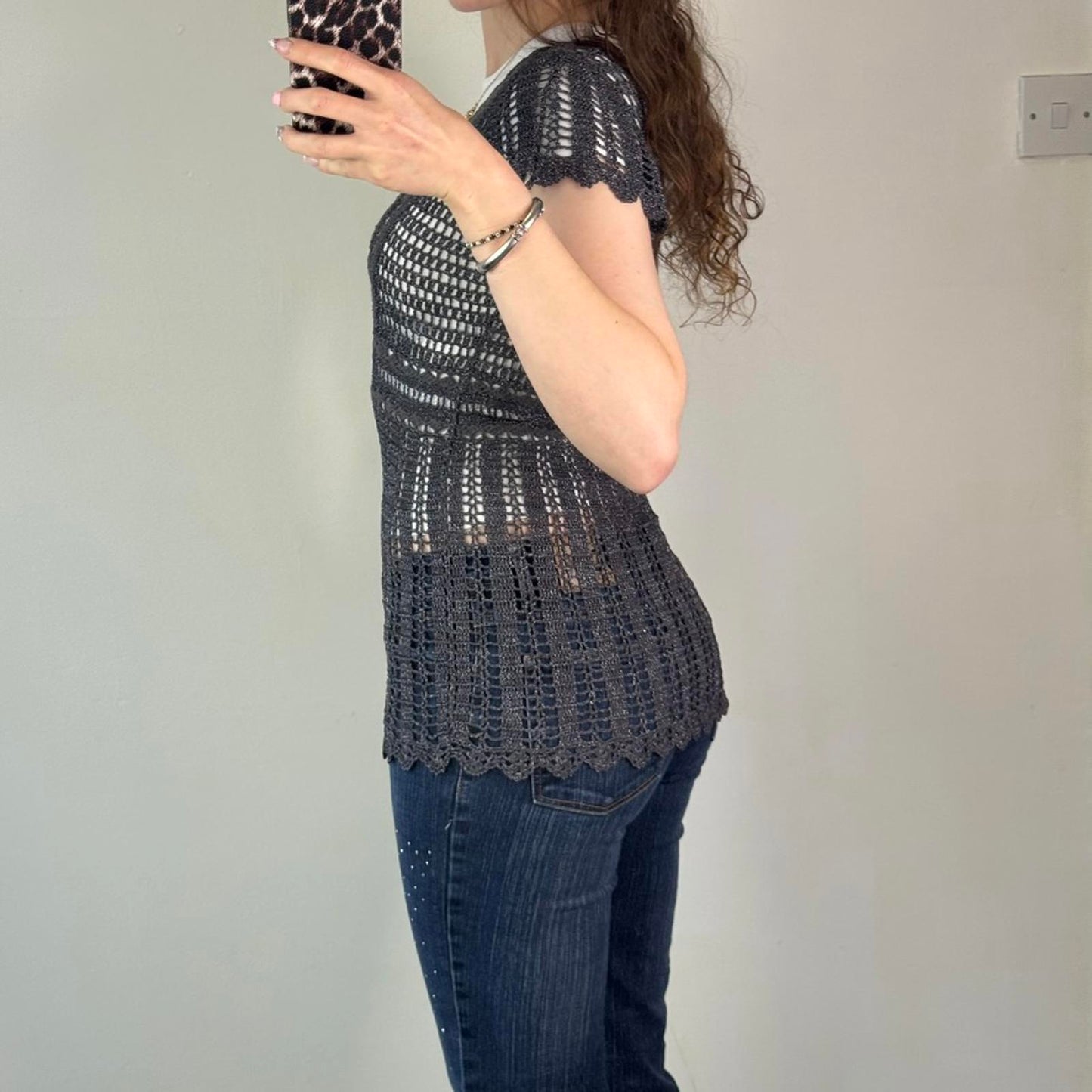 Y2K vintage crochet top sparkly knit short sleeve long length dark grey boho