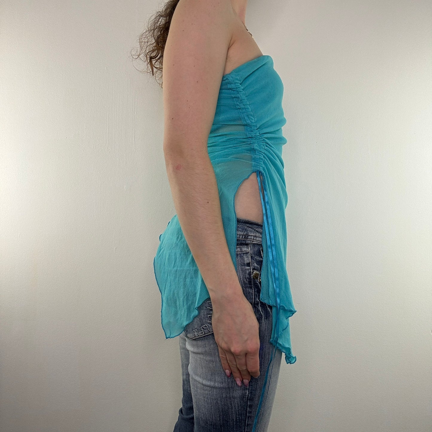 Y2K vintage strapless top asymmetrical mesh ruched ruffle lettuce hem