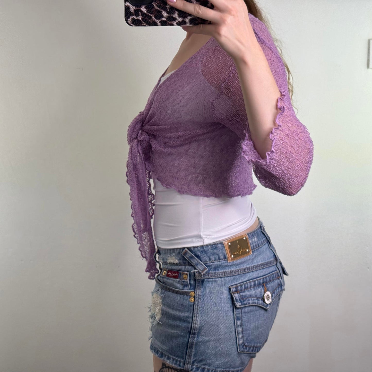 Y2K vintage fine knit cardigan tie front bow 3/4 sleeve sheer lilac shrug