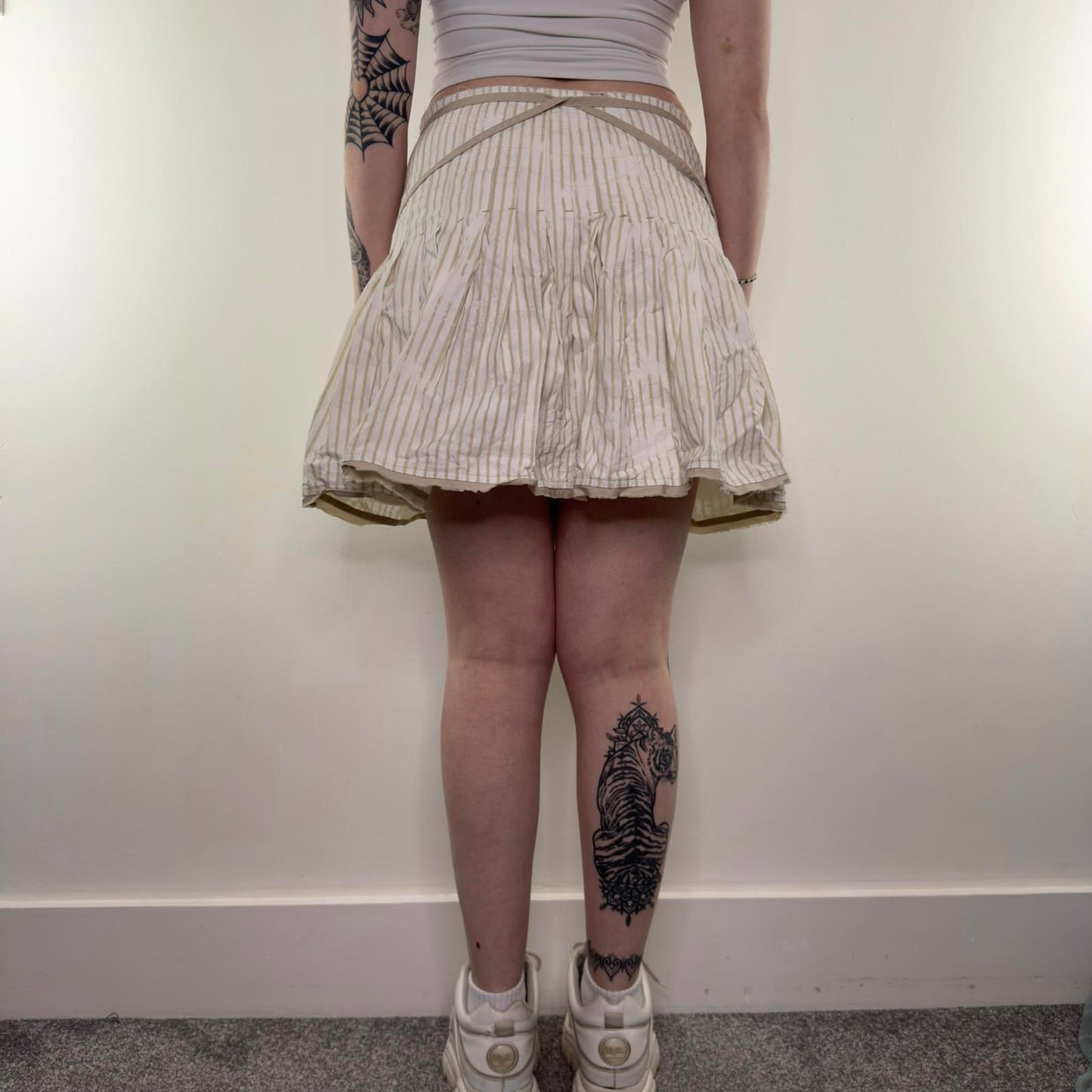 Y2K vintage striped mini skirt cotton coquette beige white criss cross wrap bow