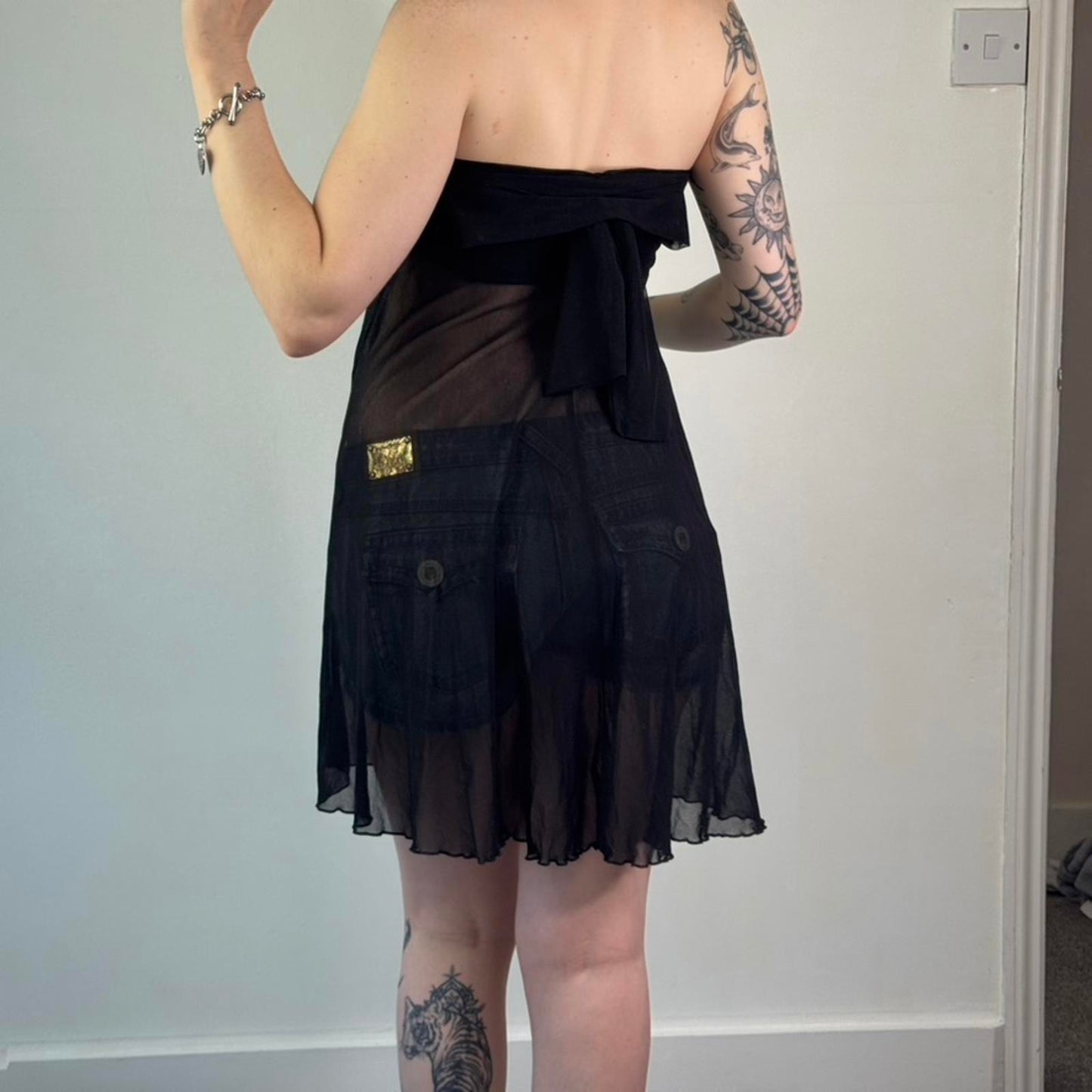 Y2K vintage strapless mesh longline top / mini dress tie back bow sheer ruched