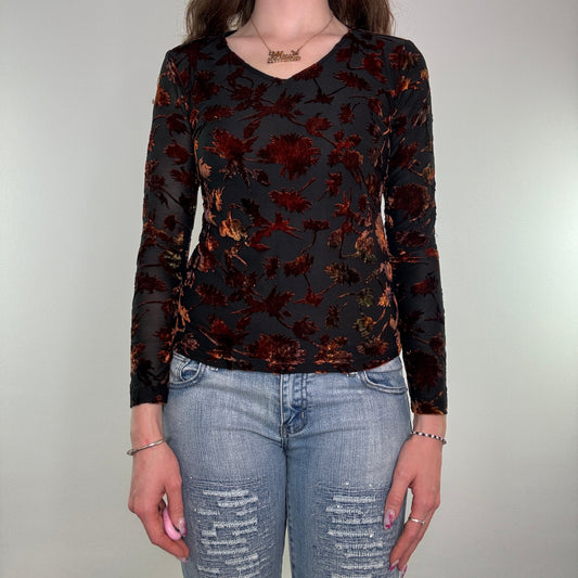 90s Y2K vintage mesh floral velvet v neck long sleeve top