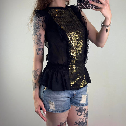 Y2K vintage sheer sequin top frill gold embellished open back bow black party