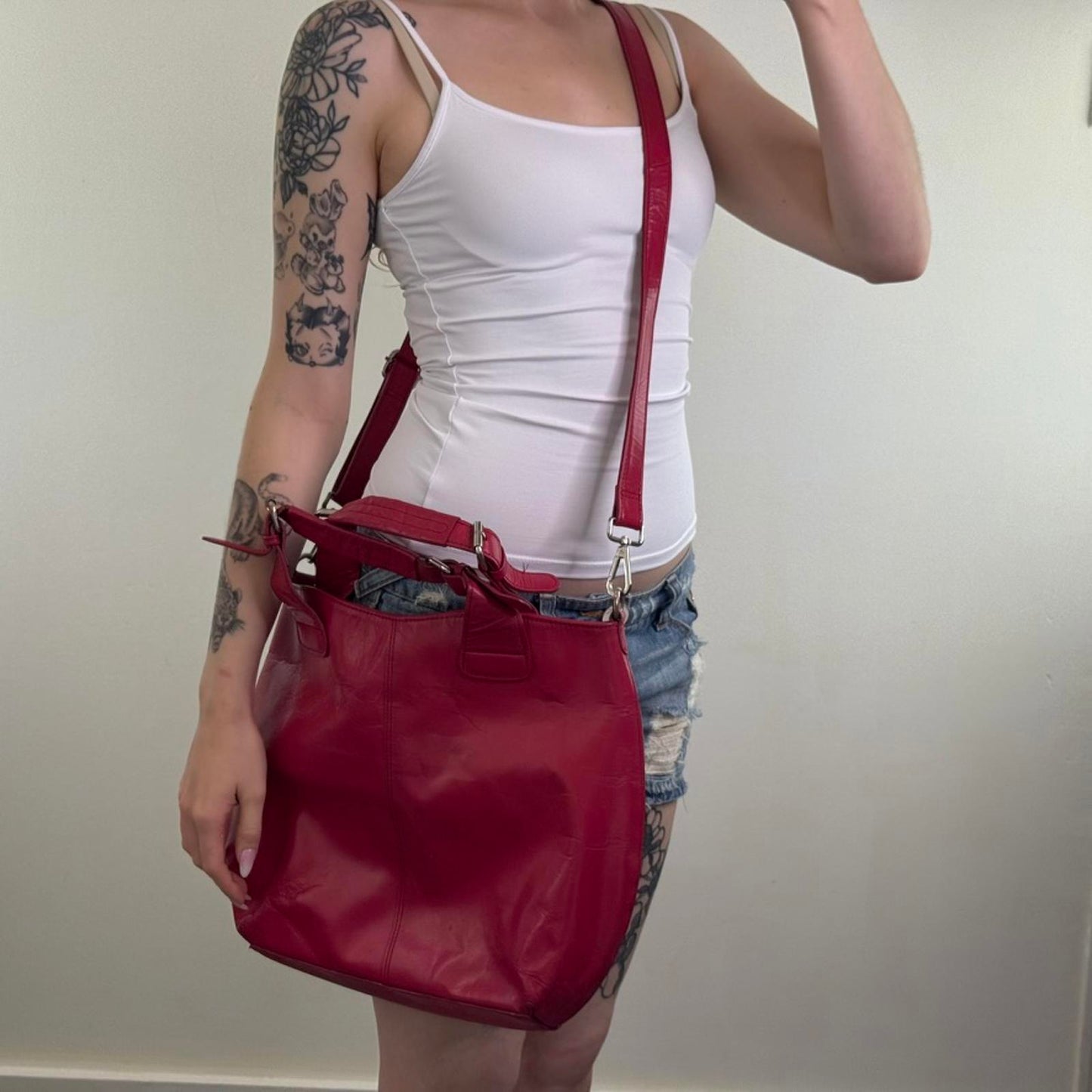 Y2K vintage faux leather pink  large handbag tote crossbody strap