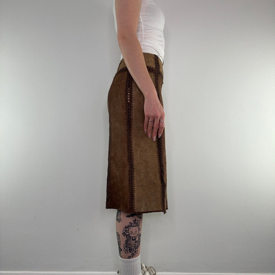 Y2K vintage suede patchwork midi skirt