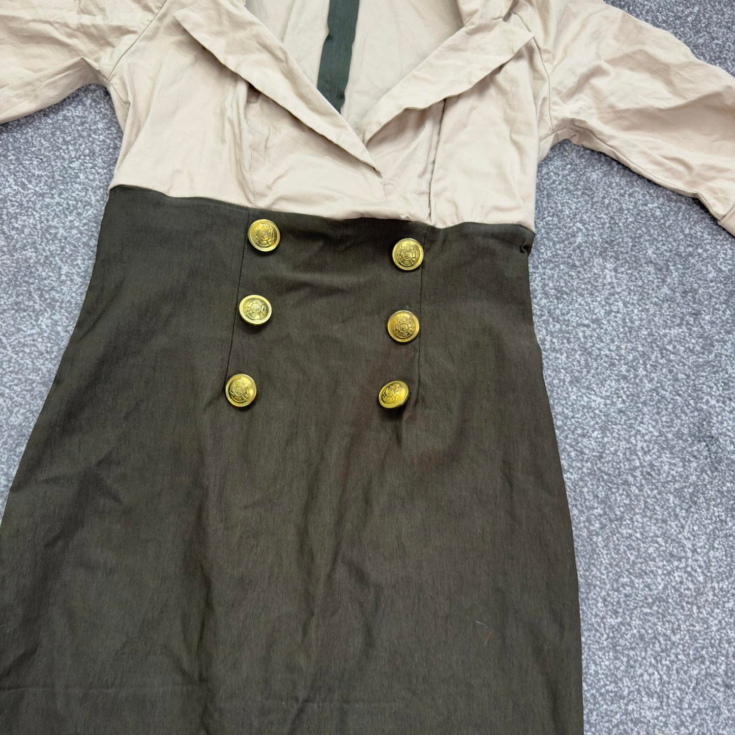 Pinup Couture military dress midi rockabilly stretchy fitted khaki beige